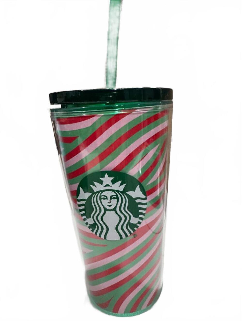 Starbucks Holiday Swirl Plastic Tumbler with Straw, Red Green Clear, 24 oz